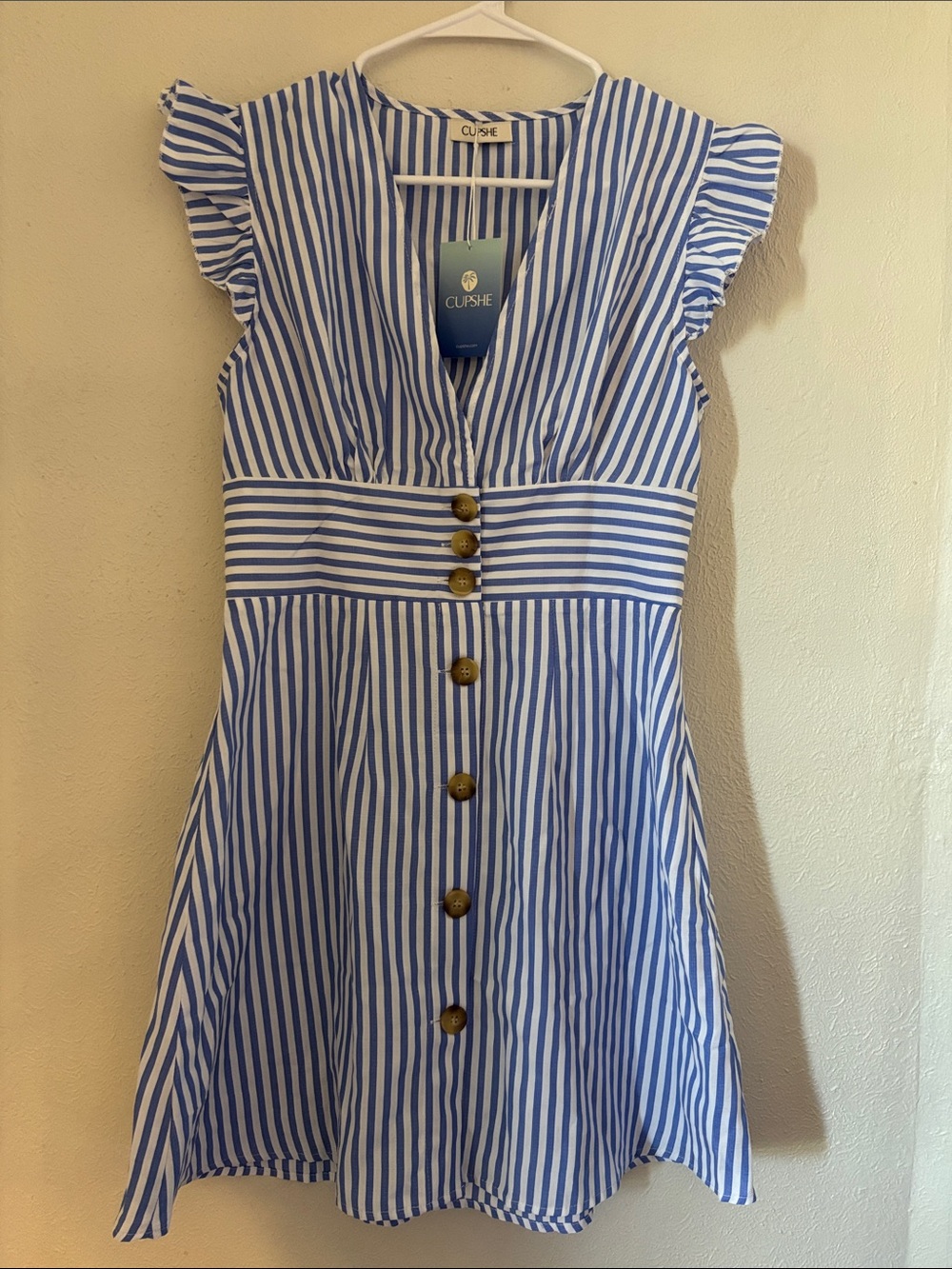 Cupshe Blue and White Striped V-Neck Button Mini Dress